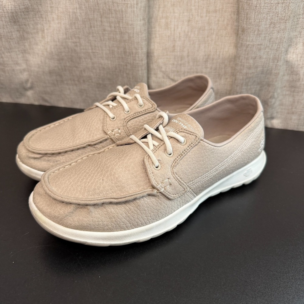Skechers On-the-Go Boat Womens 9 Beige White Comfort Lace-Up 15442 Casual Loafer